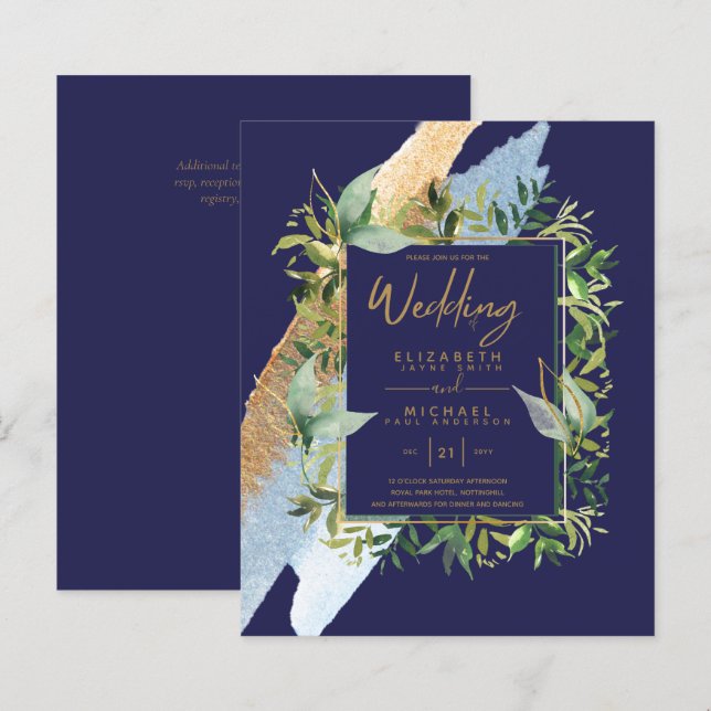 BUDGET  Navy Blue Gold Greenery Wedding Invites (Front/Back)