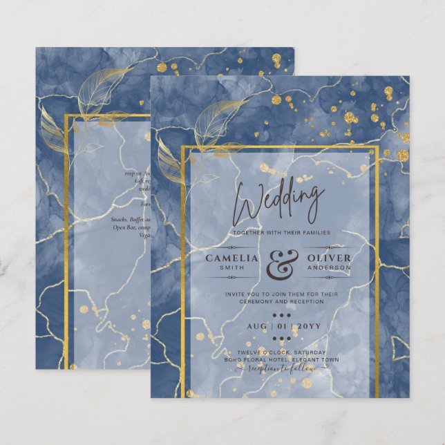 BUDGET Navy Blue Gold INK Abstract Wedding INVITE (Front/Back)