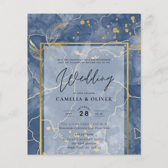 BUDGET Navy Blue Gold INK Abstract Wedding INVITE Flyer (Front)