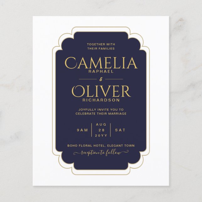 BUDGET Navy Blue Gold MONOCHROME Wedding PAPER (Front)