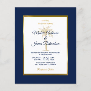 Budget Navy Blue Gold Palm Tree Wedding Invitation