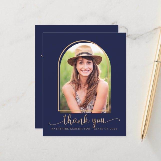 Budget Navy Blue Gold Photo Graduation Thank You (Front/Back In Situ)