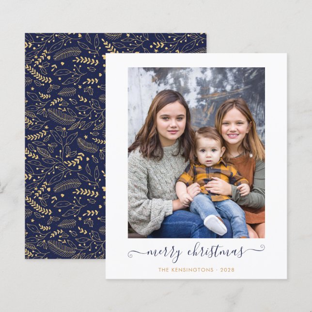 BUDGET Navy Blue Gold Script Merry Christmas Photo (Front/Back)
