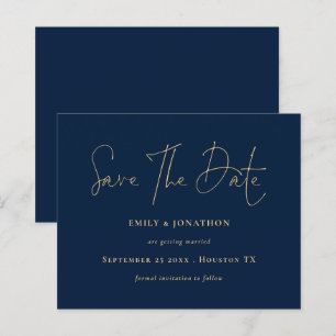Budget Navy Blue Gold Script Save The Date