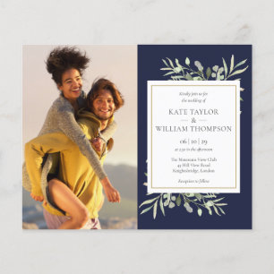 Budget Navy Blue Greenery Photo Wedding Invitation