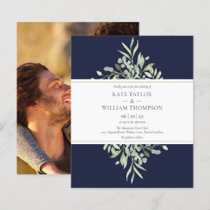 Budget Navy Blue Greenery Wedding Photo Invitation