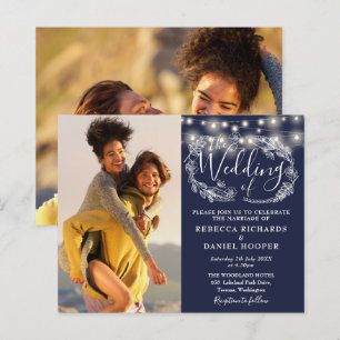 Budget Navy Blue Lights 2 Photo Wedding Invite