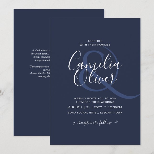 BUDGET Navy Blue Monochrome WEDDING Invitation (Front/Back)