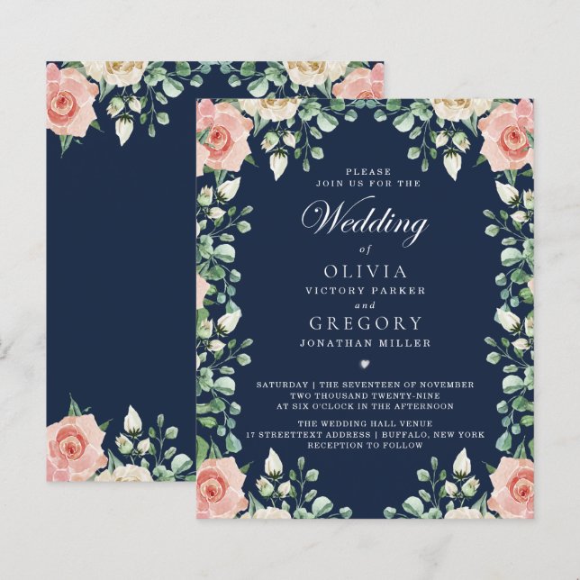 Budget Navy Blue, Pale Pink Floral Wedding Flyer (Front/Back)