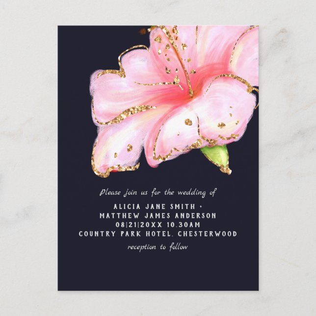 Budget Navy Blue Pink Gold Floral Wedding Invites (Front)