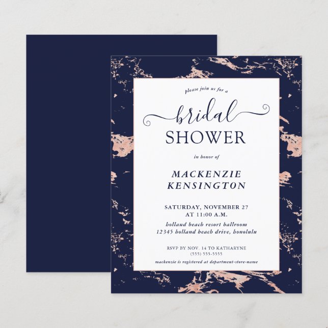Budget Navy Blue Rose Gold Marble Bridal Shower (Front/Back)