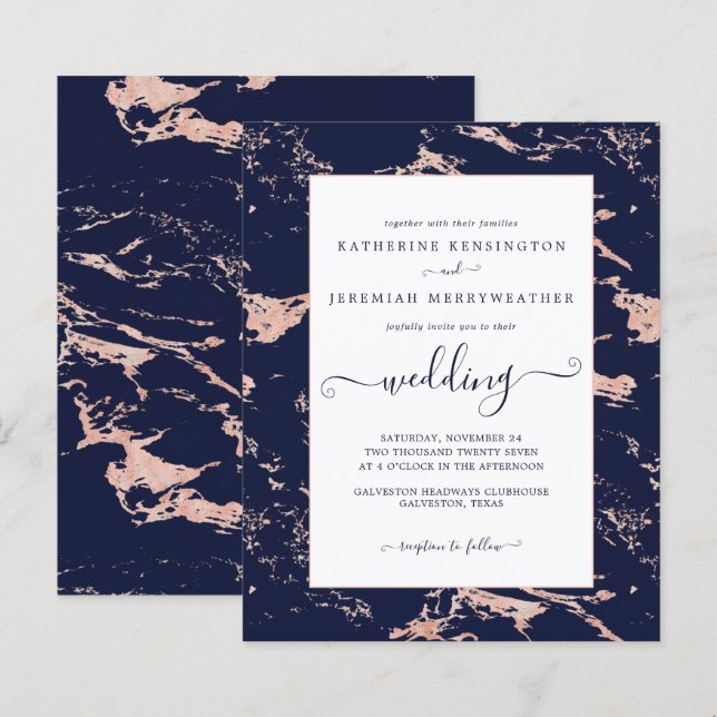 Budget Navy Blue Rose Gold Marble Wedding Invite (Front/Back)