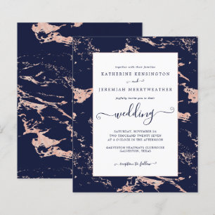 Budget Navy Blue Rose Gold Marble Wedding Invite
