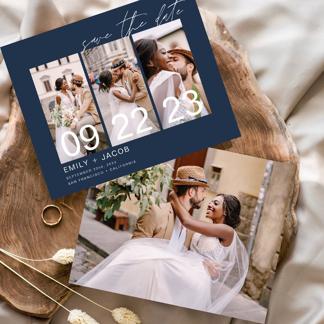 Budget Navy Blue Save the Date 3 Photo Invitations Flyer (Creator Uploaded)