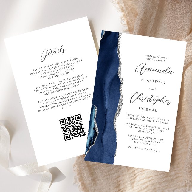 Budget Navy Blue Silver Agate QR Code Wedding (Creator Uploaded)