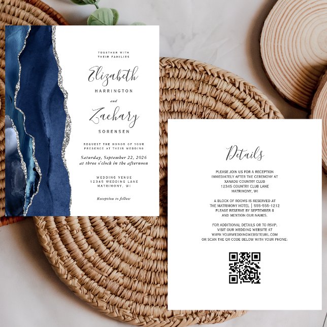 Budget Navy Blue Silver Agate QR Code Wedding (Creator Uploaded)