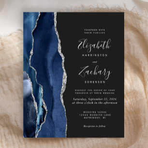 Budget Navy Blue Silver Agate Wedding Invitation