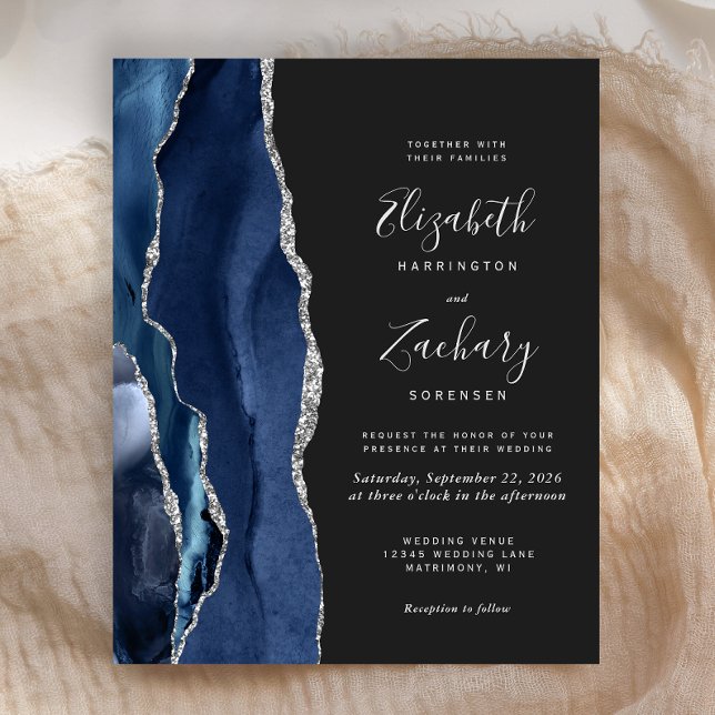 Budget Navy Blue Silver Agate Wedding Invitation (Creator Uploaded)