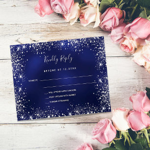 Budget navy blue silver glitter wedding RSVP