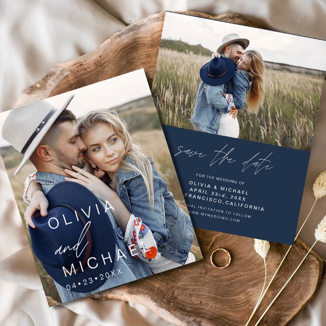 Budget Navy Blue Typography Save the Date Photo (Creator Uploaded)