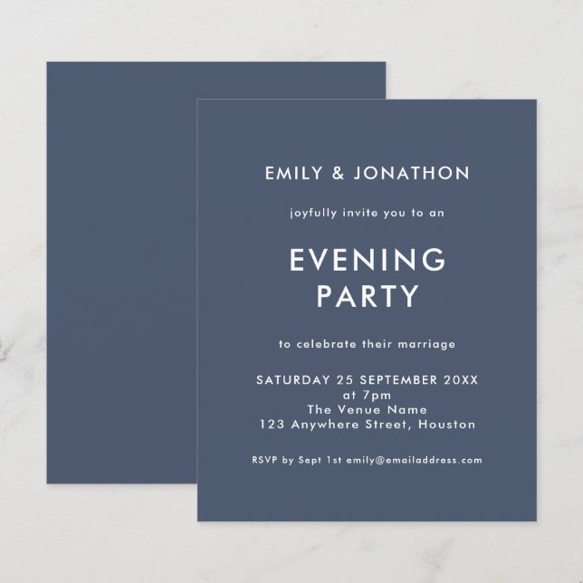 Budget Navy Blue Wedding Evening Party Invite (Front/Back)