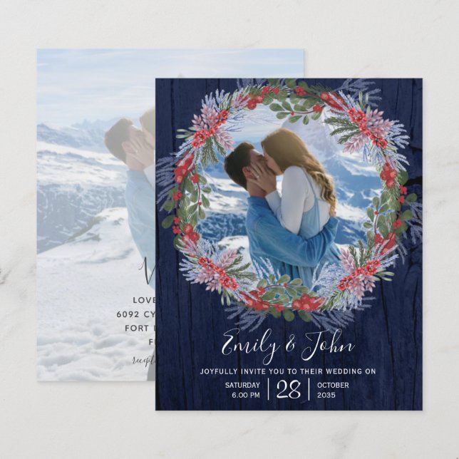 Budget Navy Blue Winter Floral Wedding Invitation (Front/Back)