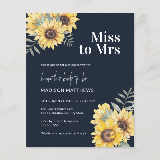 Budget Navy Blue Wood Sunflower Bridal Shower  (Front)