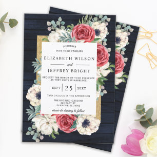 Budget Navy Burgundy Floral Wedding Invitation