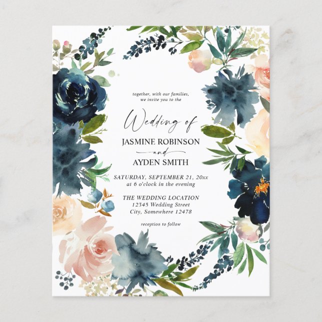 Budget Navy Dusty Blue & Pink Blush Wedding Flyer (Front)