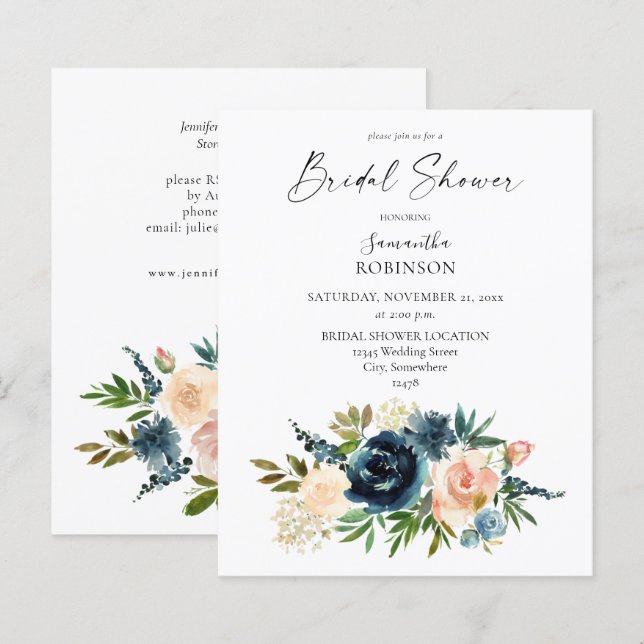 Budget Navy, Dusty Blue, Pink Floral Bridal Shower (Front/Back)