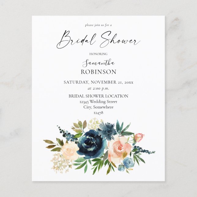 Budget Navy, Dusty Blue, Pink Floral Bridal Shower Flyer (Front)