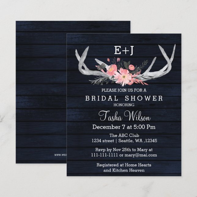 Budget Navy Floral Antler Bridal Shower Invitation (Front/Back)