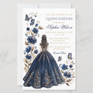 Budget Navy Floral Princess Butterfly Quinceañera