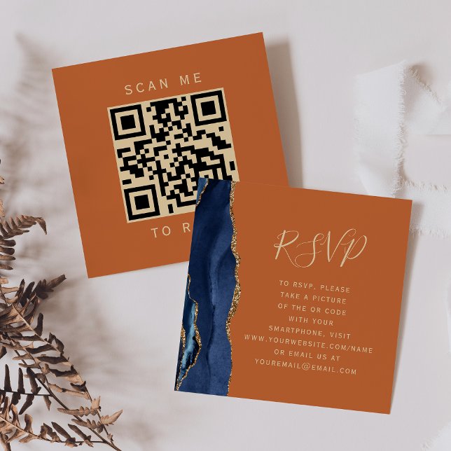 Budget Navy Gold Agate Orange Wedding QR Code RSVP Enclosure Card (Creator Uploaded)