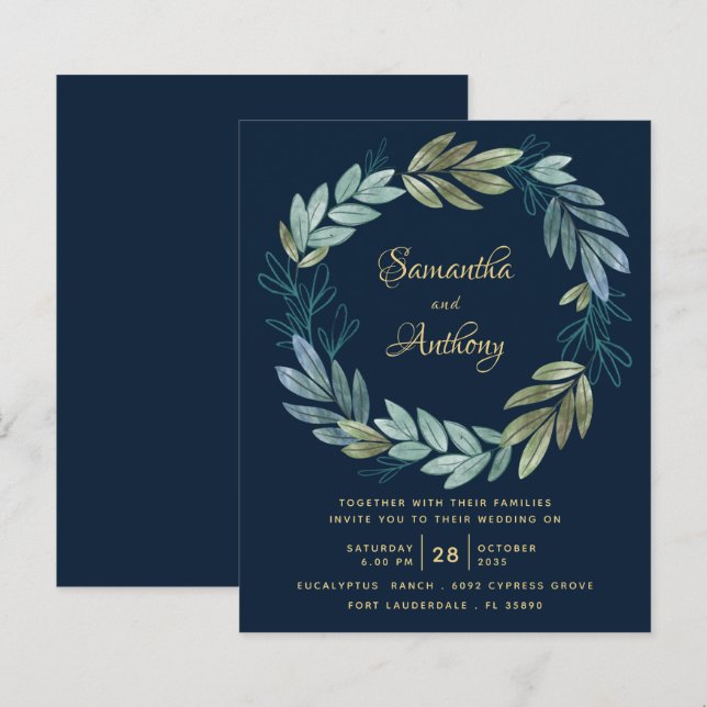Budget Navy Gold Botanical Wedding Invitation (Front/Back)
