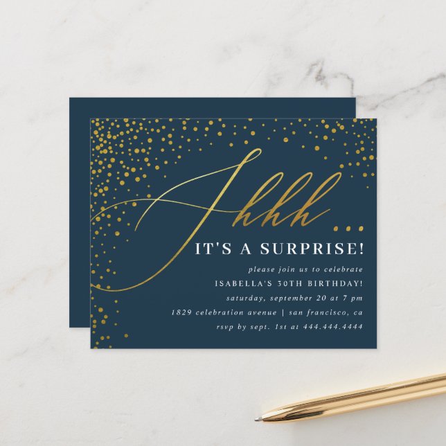 Budget Navy & Gold Confetti Script Surprise Party (Front/Back In Situ)