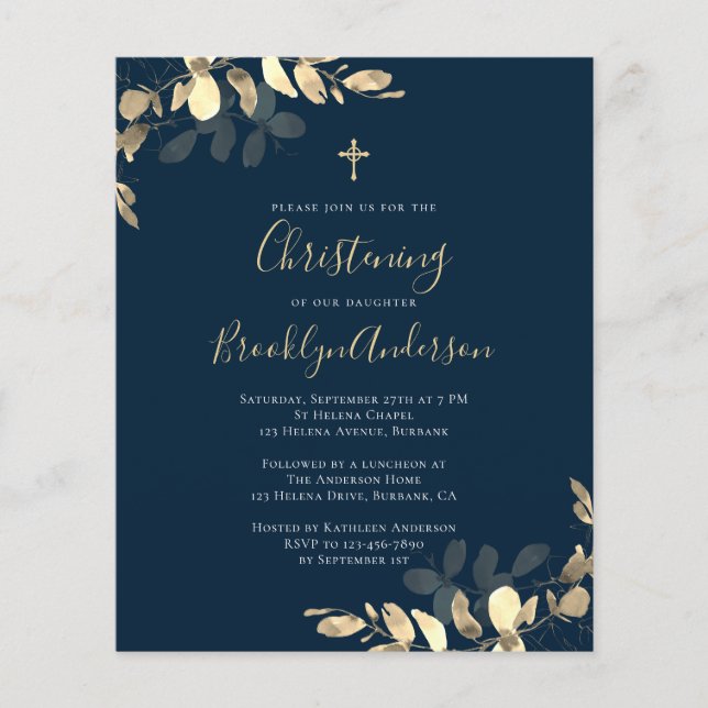 Budget Navy Gold Eucalyptus Christening Invitation (Front)