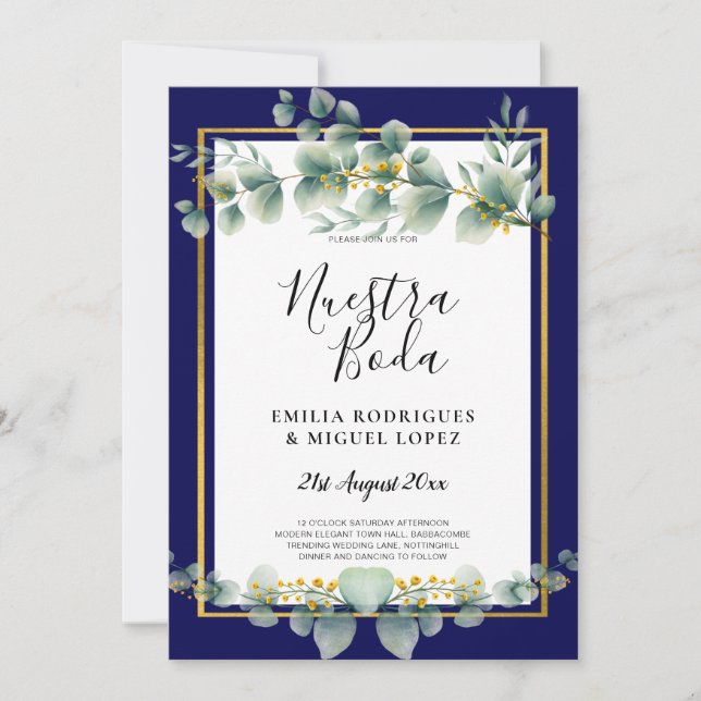 BUDGET NAVY GOLD Eucalyptus Wedding Invite QR CODE (Front)