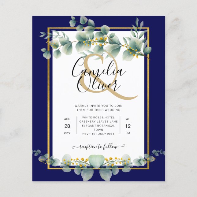 BUDGET NAVY GOLD Eucalyptus Wedding Invite QR CODE Flyer (Front)