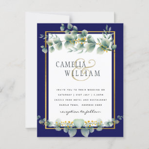 BUDGET NAVY GOLD Eucalyptus Wedding Invite QR CODE Postcard