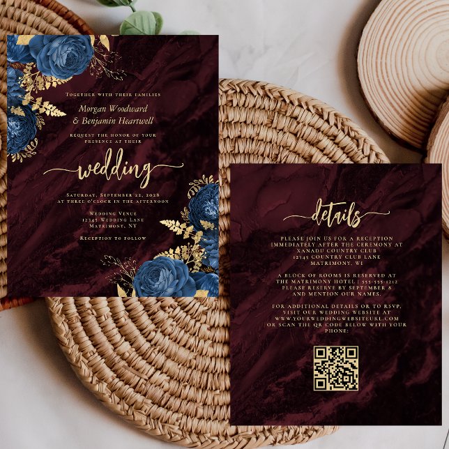 Budget Navy Gold Floral Burgundy QR Code Wedding (Creator Uploaded)