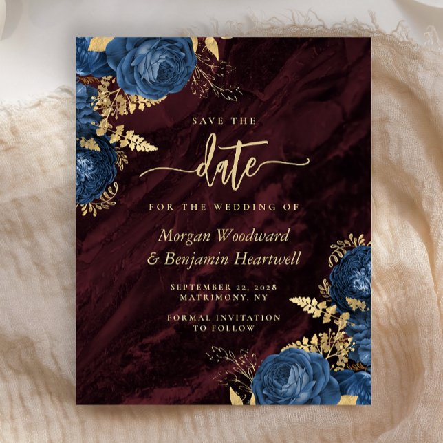 Budget Navy Gold Floral Burgundy Save the Date (Creator Uploaded)
