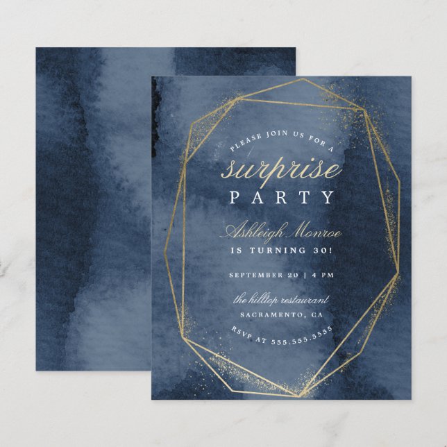 Budget Navy & Gold Geometric Frame Surprise Party (Front/Back)