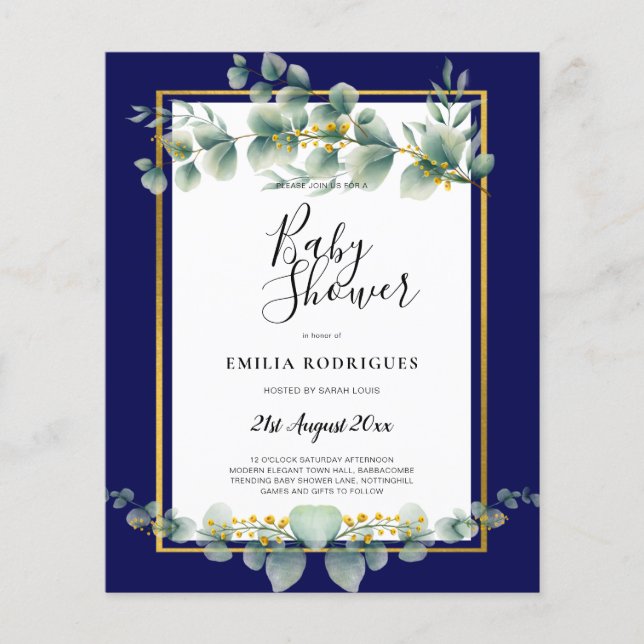 BUDGET NAVY GOLD Greenery Eucalyptus BABY SHOWER Flyer (Front)