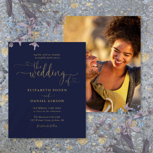 Budget Navy Gold Heart Script Photo Wedding Invite