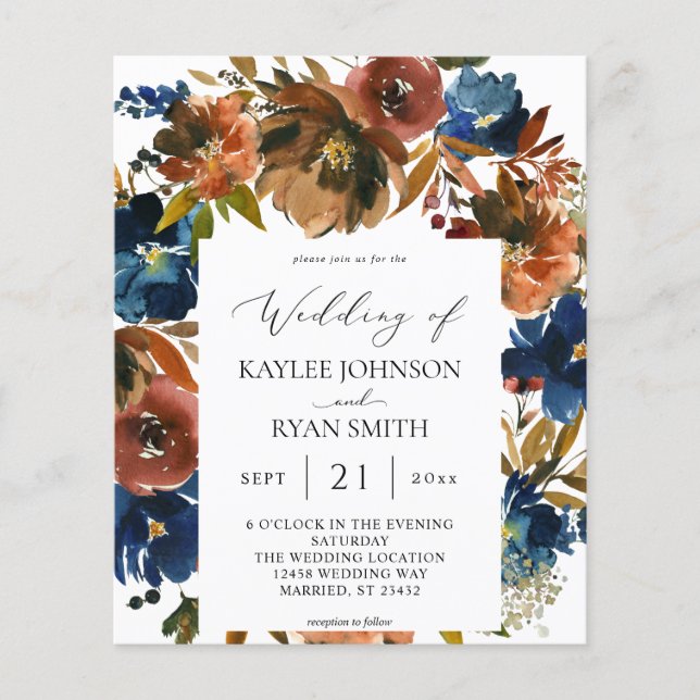 Budget Navy, Orange & Brown Floral 2 Wedding Paper (Front)