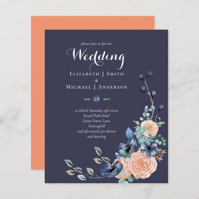 BUDGET Navy Peach Floral Wedding Invitation (Front/Back)