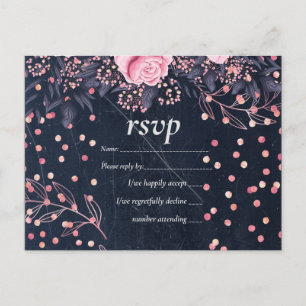 BUDGET Navy Pink Rosegold Wedding Floral Invitation Postcard