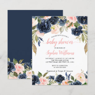 Budget Navy & Pink Roses Baby Shower Invitation