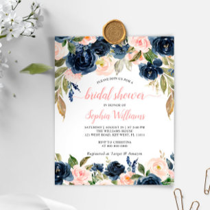 Budget Navy & Pink Roses Bridal Shower Invitation